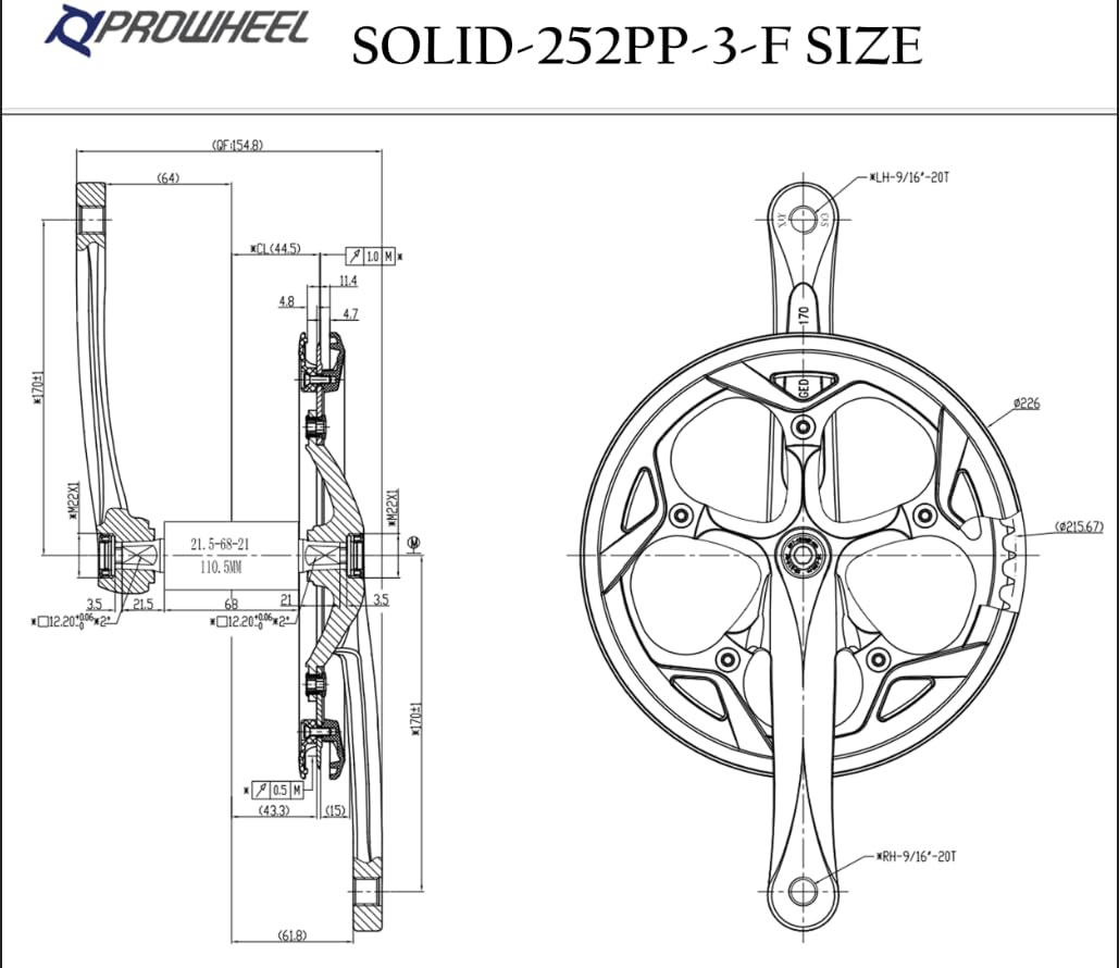 Amazon | PROWHEEL 130MM BCD 52T 自転車クランクセット 165mm/170mm